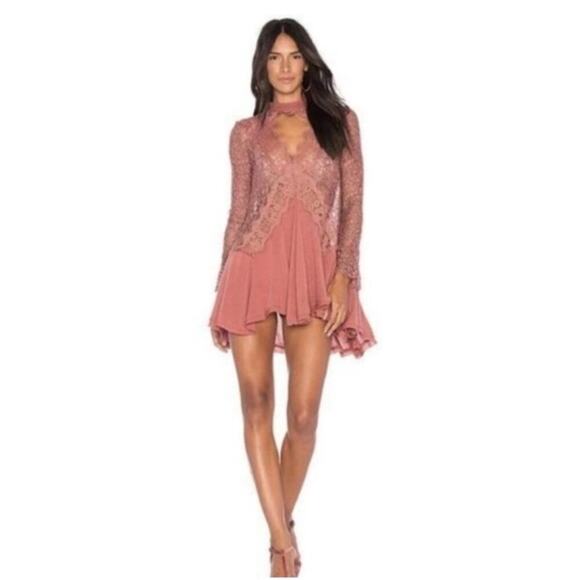 Free People Tell Tale Cutout Lace Tunic Mini Dress Rusty Rose in Rosey Coral - Picture 3 of 10